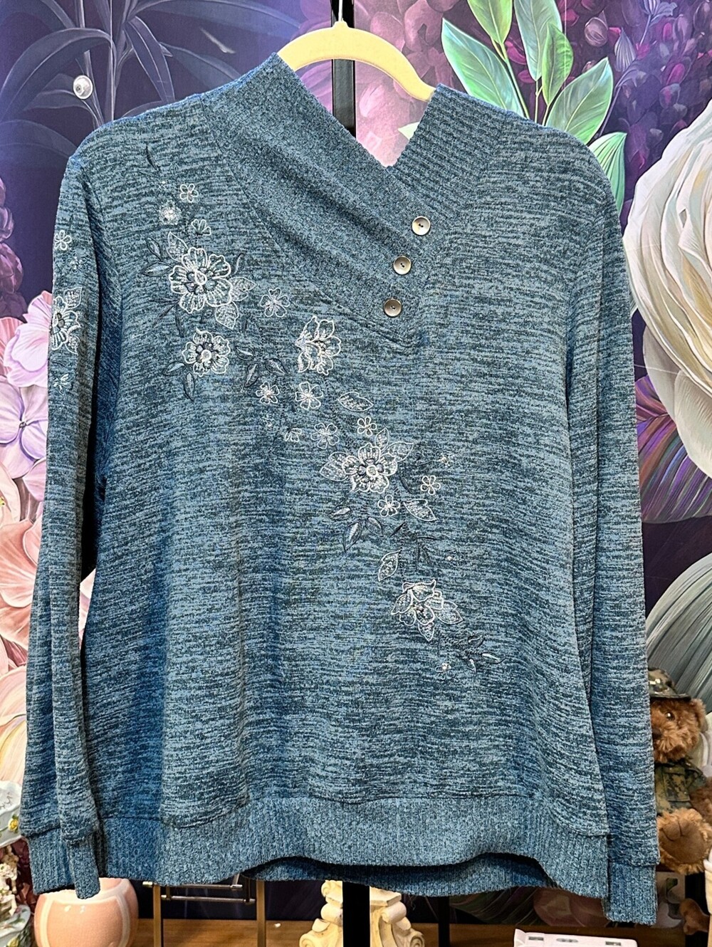 Alfred Dunner L Teal Floral Embroidered Sweater Cowl Neck Button Long Sleeve